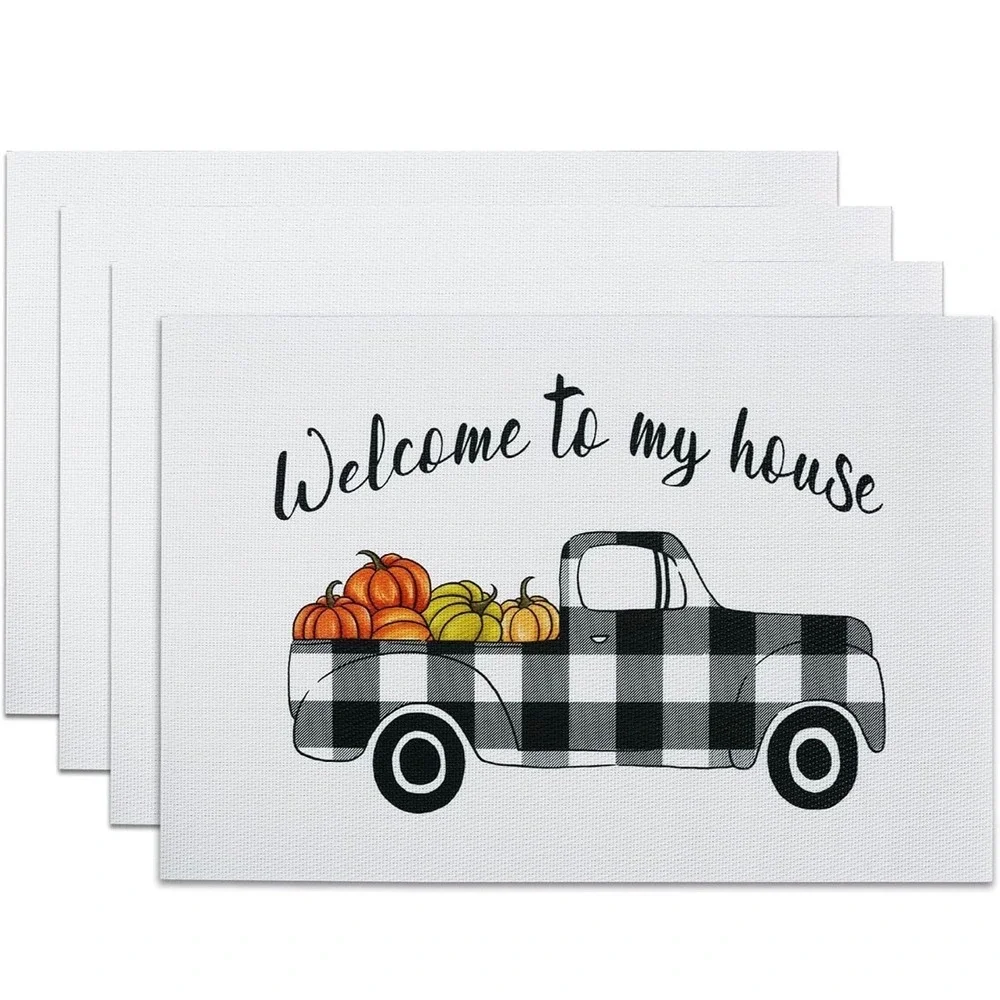 4pc Fall Farmhouse‎ Placemats Welcome To My House Buffalo Check Truck Pumpkins